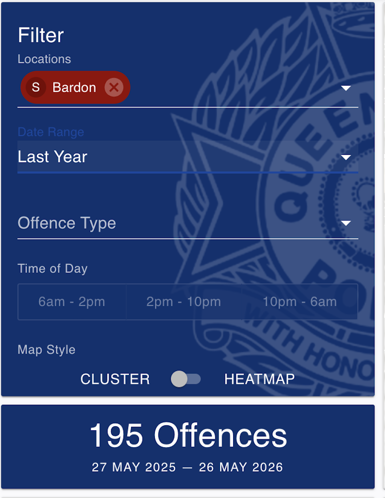 Bardon Crime Map May 2025 to May 2026
